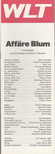 Westfälisches Landestheater WLT, Herbert Hauck, Ernst Franz, Jost Krüger: Programmheft AFFÄRE BLUM. Kriminalstück von Erich Engel und Robert A. Stemmle Premiere 20. Februar 1981. 