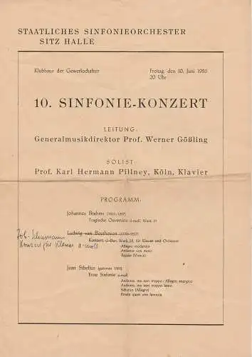 Staatliches Sinfonieorchester Sitz Halle: Programmheft 10. Sinfoniekonzert 10. Juni 1955 Klubhaus der Gewerkschaften. 