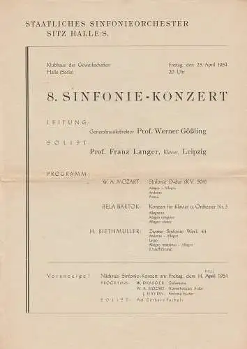 Staatliches Sinfonieorchester Sitz Halle: Programmheft 8. Sinfonie - Konzert 23. April 1954 Klubhaus der Gewerkschaften Halle ( Saale ). 