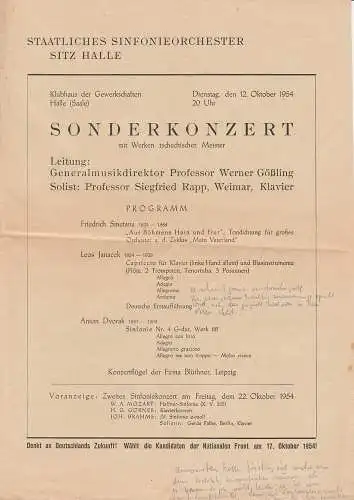 Staatliches Sinfonieorchester Sitz Halle: Programmheft SONDERKONZERT mit Werken tschechischer Meister 12. Oktober 1954 Klubhaus der Gewerkschaften Halle ( Saale ). 