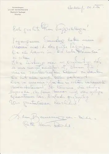 Lilian Benningsen: Handgeschriebener Brief der Kammersängerin Lilian Benningsen an Schauspielerin Ruth Kappelsberger 1976. 