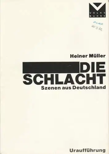 Volksbühne am Luxemburgplatz, Benno Besson, Bernd Frank: Programmheft Uraufführung Heiner Müller DIE SCHLACHT Szenen aus Deutschland Spielzeit 1975 / 76. 