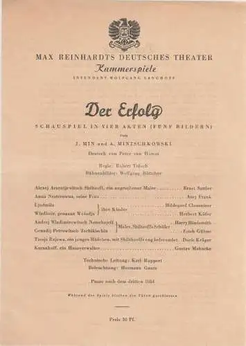 Max Reinhardts Deutsches Theater Kammerspiele, Wolfgang Langhoff: Theaterzettel J. Min / A. Mintschkowski DER ERFOLG. 