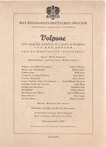Max Reinhardts Deutsches Theater, Wolfgang Langhoff: Theaterzettel Ben Jonson / Stefan Zweig VOLPONE. 