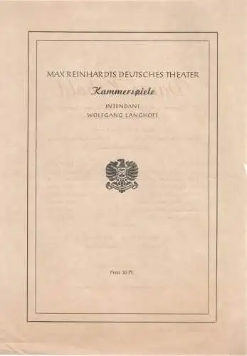 Max Reinhardts Deutsches Theater, Wolfgang Langhoff: Theaterzettel Calderon DAME KOBOLD Max Reinhardts Deutsches Theater 1950. 
