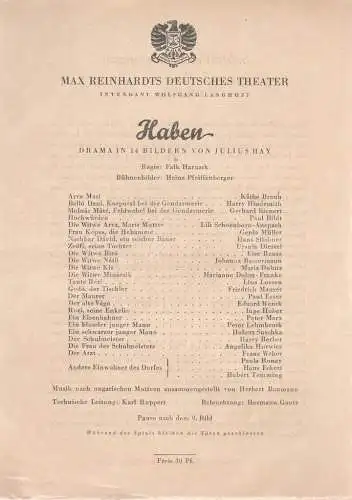 Max Reinhardts Deutsches Theater, Wolfgang Langhoff: Theaterzettel Julius Hay HABEN. 