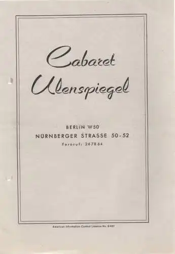 Cabaret Ulenspiegel, Friedrich Pasche, P. W. Brocker-Werbung: Programmheft BITTE WÄHLEN ! Cabaret Ulenspiegel 1946. 