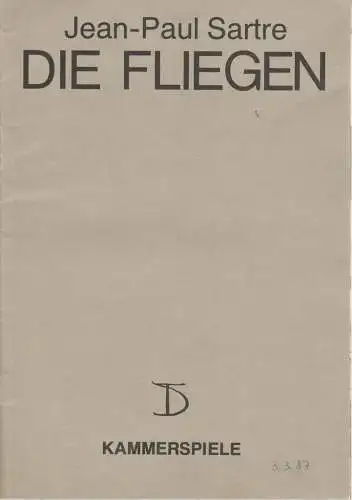 Deutsches Theater Berlin, Staatstheater der DDR, Dieter Mann, Thomas Fritz, Heinz Rohloff: Programmheft Jean-Paul Sartre DIE FLIEGEN DDR-Erstaufführung Premiere 24. Januar 1987 Kammerspiele Spielzeit 1986 / 87. 