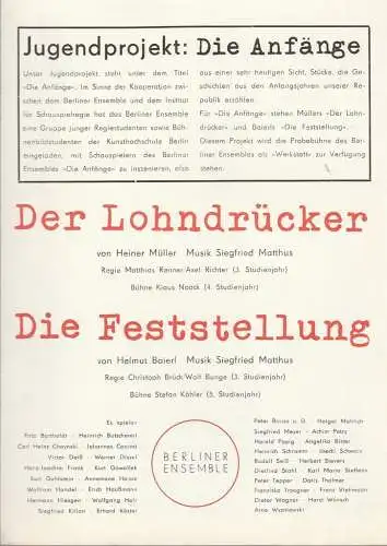 Berliner Ensemble: Werbeflyer Heiner Müller DER LOHNDRÜCKER / Helmut Baierl DIE FESTSTELLUNG. 