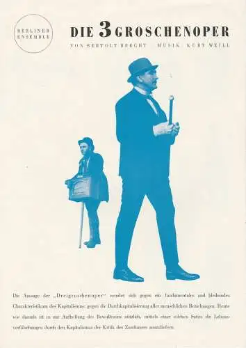 Berliner Ensemble: Werbeflyer Bertolt Brecht / Kurt Weill DIE 3 GROSCHENOPER Berliner Ensemble 1965. 