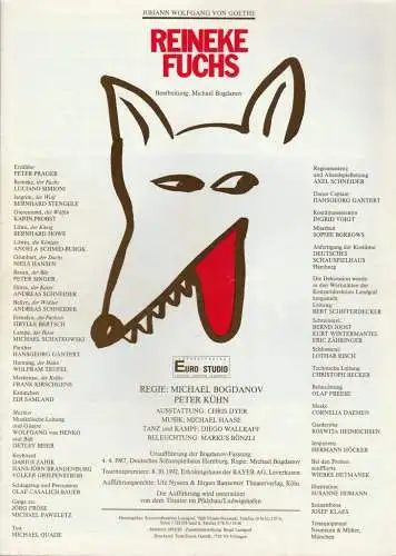 EURO STUDIO Joachim Landgraf, Birgit Landgraf: Programmheft Johann Wolfgang von Goethe REINEKE FUCHS Premiere 8. Oktober 1992. 