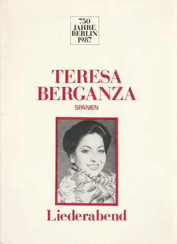 Künstler-Agentur der DDR, Christa Fox: Programmheft Liederabend Teresa Berganza Komische Oper Berlin 750 Jahre Berlin. 