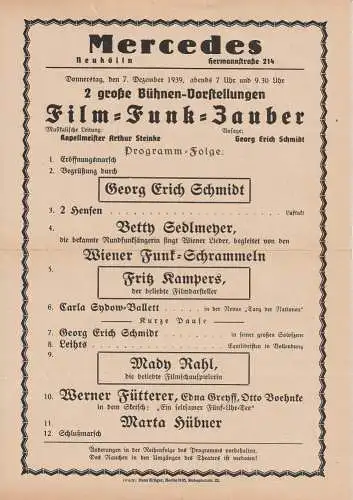 MERCEDES Neukölln Hermannstraße 214: Theaterzettel FILM = FUNK = ZAUBER 7. Dezember 1939.