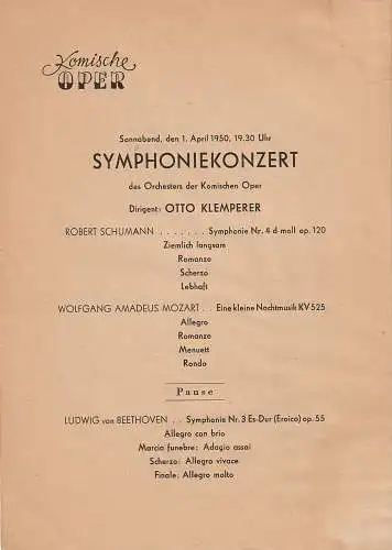 Komische Oper: Theaterzettel SYMPHONIEKONZERT ORCHESTER KOMISCHE OPER  1. April 1950. 