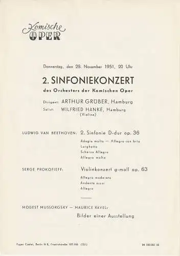 Komische Oper: Theaterzettel 2. SINFONIEKONZERT  DES ORCHESTERS DER  KOMISCHEN OPER 29. November 1951 Spielzeit 1951 / 52. 