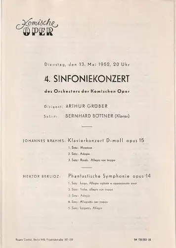 Komische Oper: Programmheft 4. SINFONIEKONZERT  DES ORCHESTERS DER  KOMISCHEN OPER 13. Mai 1952 Spielzeit 1951 / 52. 
