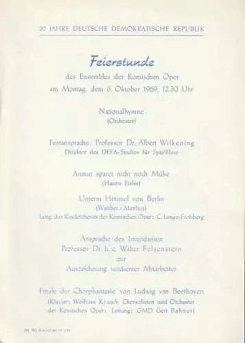 Komische Oper Berlin: Theaterzettel FEIERSTUNDE 20 JAHRE DEUTSCHE DEMOKRATISCHE REPUBLIK des Ensembles der Komischen Oper 6. Oktober 1969. 