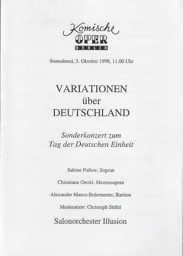 Komische Oper Berlin: Programmheft VARIATIONEN ÜBER DEUTSCHLAND 3. Oktober 1998. 