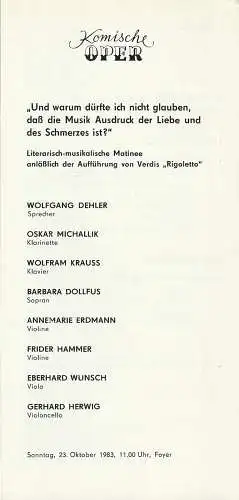 Komische Oper Berlin, Joachim Großkreutz: Programmheft LITERARISCH - MUSIKALISCHE MATINEE  Foyer Komische Oper 1983. 