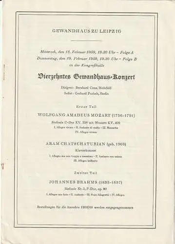 Gewandhaus zu Leipzig: Programmheft VIERZEHNTES GEWANDHAUS-KONZERT 18. + 19. Februar 1959 Kongreßhalle Leipzig. 
