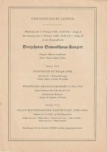 Gewandhaus zu Leipzig: Programmheft DREIZEHNTES GEWANDHAUS-KONZERT 04. + 05. Februar 1959 Kongreßhalle Leipzig. 