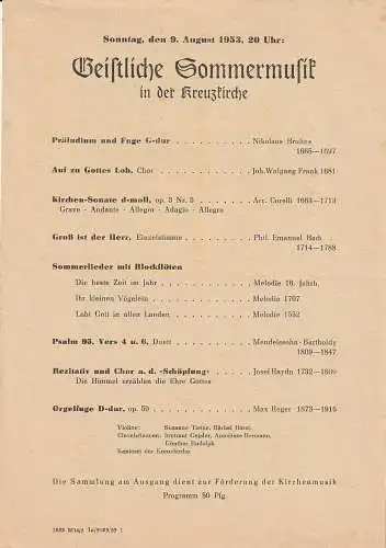Kreuzkirche Dresden: Theaterzettel GEISTLICHE SOMMERMUSIK IN DER KREUZKIRCHE 9. August 1953. 