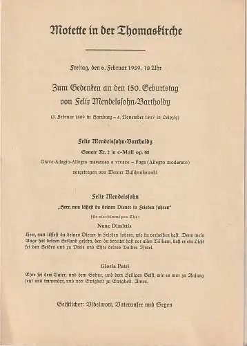 Thomaskirche Leipzig: Programmheft MOTETTE IN DER THOMASKIRCHE 6. Februar 1959 Zum Gedenken an den 150. Geburstag von Felix-Mendelssohn-Bartholdy. 