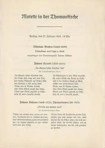 Thomaskirche Leipzig: Programmheft MOTETTE IN DER THOMASKIRCHE  27. Februar 1959. 
