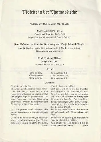 Thomaskirche Leipzig: Programmheft MOTETTE IN DER THOMASKIRCHE 17. Oktober 1958 Zum Gedenken an den 150. Geburtstag von Ernst Friedrich Richter. 