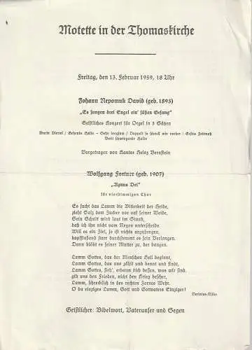 Thomaskirche Leipzig: Theaterzettel MOTETTE IN DER THOMASKIRCHE 13. Februar 1959. 