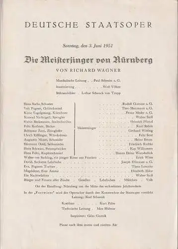 Deutsche Staatsoper: Programmheft Richard Wagner MEISTERSINGER VON NÜRNBERG Deutsche Staatsoper 1951. 