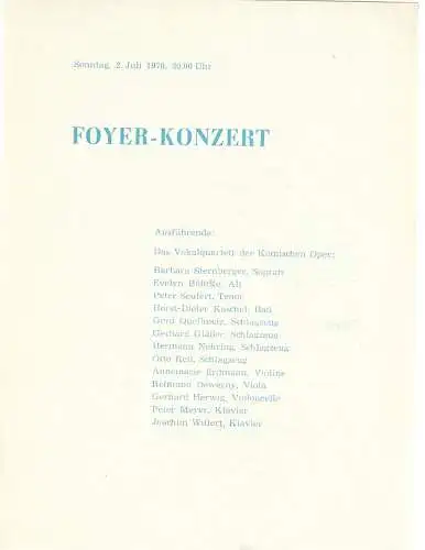 Komische Oper Berlin: Programmheft  FOYER - KONZERT 2. Juli 1978 Komische Oper Berlin. 