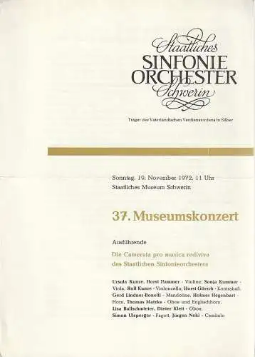 Staatliches Sinfonieorchester Schwerin, Walter König, Dieter Klett: Programmheft  37. MUSEUMSKONZERT 19. November  1972 Staatliches Museum Schwerin. 