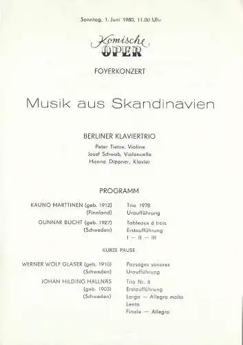Komische Oper Berlin: Theaterzettel FOYERKONZERT MUSIK AUS SKANDINAVIEN 1. Juni 1980 Foyer Komische Oper  Spielzeit 1979 / 80.