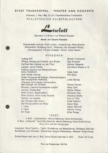 Stadt Frankenthal, Theater und Konzerte, Feierabendhaus Frankenthal: Programmheft Eduard Künneke LISELOTT Feierabendhaus Frankenthal 1969. 