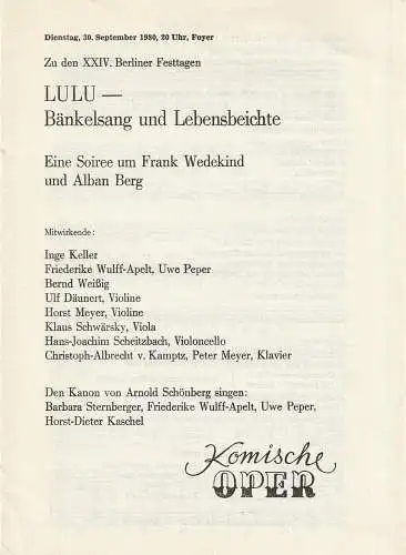 Komische Oper Berlin, Eginhard Röhlig: Programmheft LULU - BÄNKELSANG UND LEBENSBEICHTE 30. September 1980. 