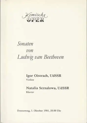 Komische Oper Berlin: Programmheft SONATEN VON LUDWIG VAN BEETHOVEN 1. Oktober 1981. 