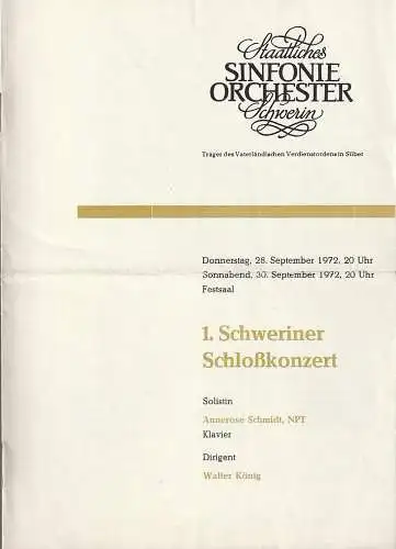 Staatliches Sinfonieorchester Schwerin, Walter König, Dieter Klett: Programmheft 1. Schweriner Schloßkonzert 28. September 1972. 