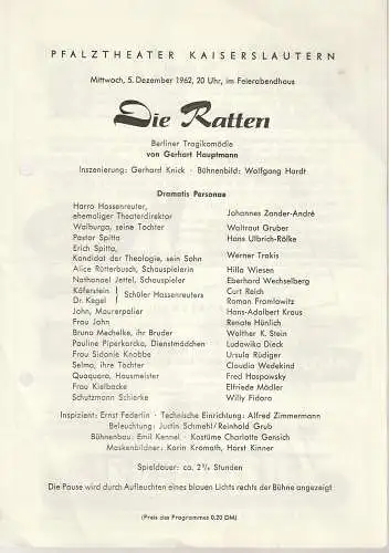 Feierabendhaus Frankenthal, Pfalztheater Kaiserslautern: Programmheft Gerhart Hauptmann DIE RATTEN Feierabendhaus Frankenthal 1962. 