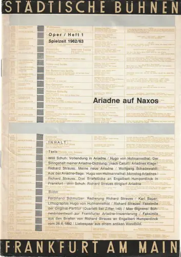 Städtische Bühnen Frankfurt am Main, Harry Buckwitz: Programmheft ARIADNE AUF NAXOS Oper / Heft 1 Spielzeit 1962 / 63 Frankfurt. 