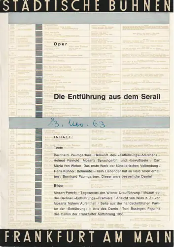 Städtische Bühnen Frankfurt am Main, Harry Buckwitz: Programmheft DIE ENTFÜHRUNG AUS DEM SERAIL Oper 1963. 