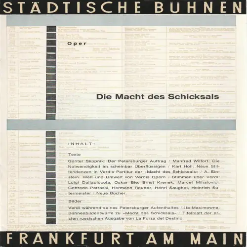 Städtische Bühnen Frankfurt am Main, Harry Buckwitz: Programmheft DIE MACHT DES SCHICKSALS Oper ca. 1963. 