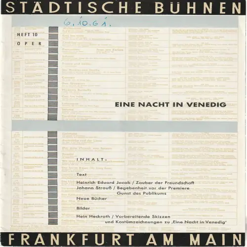 Städtische Bühnen Frankfurt am Main, Harry Buckwitz: Programmheft EINE NACHT IN VENEDIG Spielzeit 1961 / 62 Oper Heft 10. 
