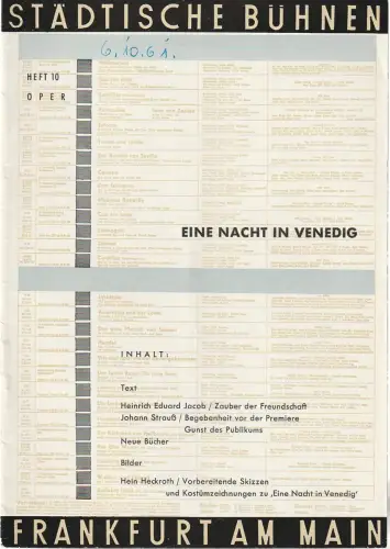 Städtische Bühnen Frankfurt am Main, Harry Buckwitz: Programmheft EINE NACHT IN VENEDIG Spielzeit 1961 / 62 Oper Heft 10. 