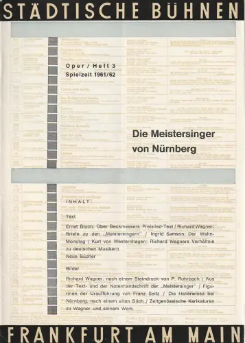 Städtische Bühnen Frankfurt am Main, Harry Buckwitz: Programmheft DIE MEISTERSINGER VON NÜRNBERG Spielzeit 1961 / 62 Oper Heft 3. 