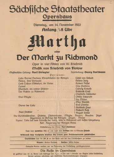 Sächsische Staatstheater Dresden Opernhaus: Theateraushang MARTHA oder DER MARKT Zu RICHMOND 14. November 1922. 