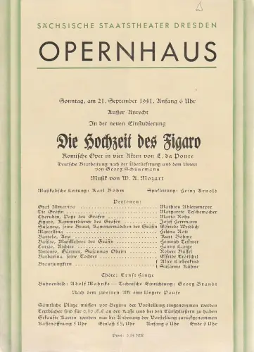 Sächsische Staatstheater Dresden Opernhaus: Programmheft W. A. Mozart DIE HOCHZEIT DES FIGARO 21. September 1941. 