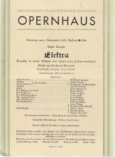 Sächsische Staatstheater Dresden Opernhaus: Programmheft Richard Strauß ELEKTRA 6. September 1942. 