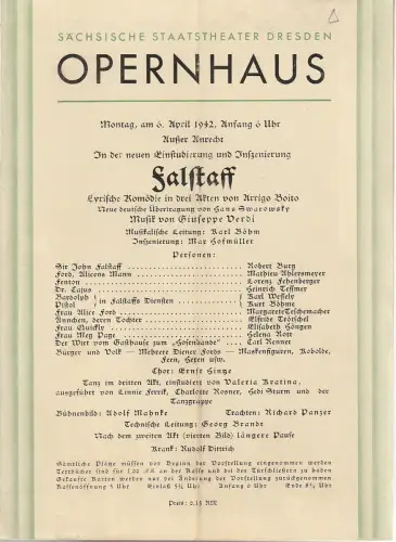 Sächsische Staatstheater Dresden Opernhaus: Programmheft Giuseppe Verdi FALSTAFF 6. April 1942. 