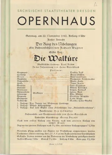Sächsische Staatstheater Dresden Opernhaus: Programmheft Richard Wagner DIE WALKÜRE 22. November 1942. 